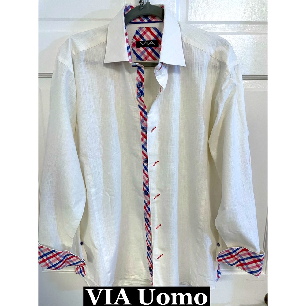 VIA Uomo, WhiteW/Plaid Trim Sz Large 41-42